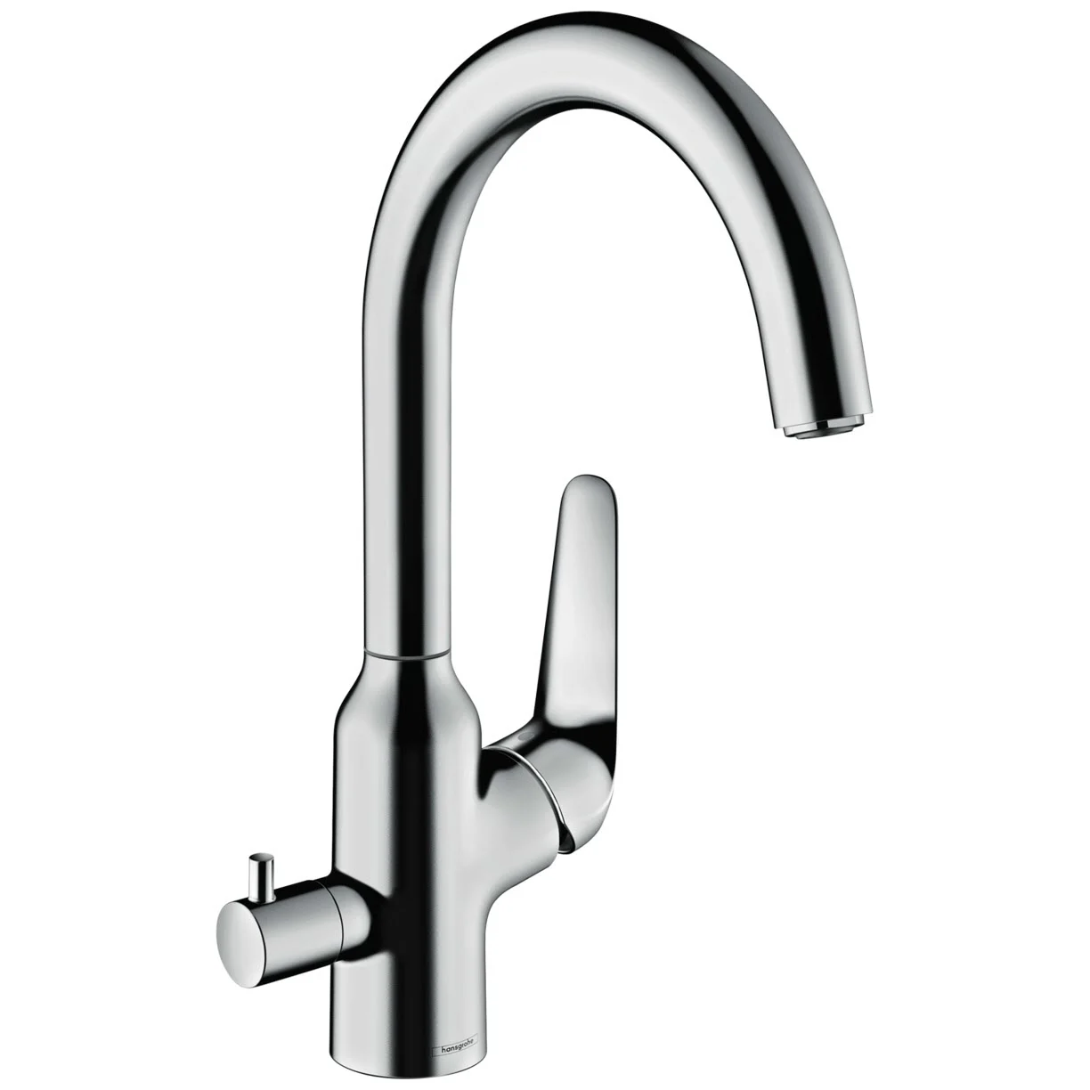 Bateria kuchenna widok z boku, chromowane wykończenie, hansgrohe