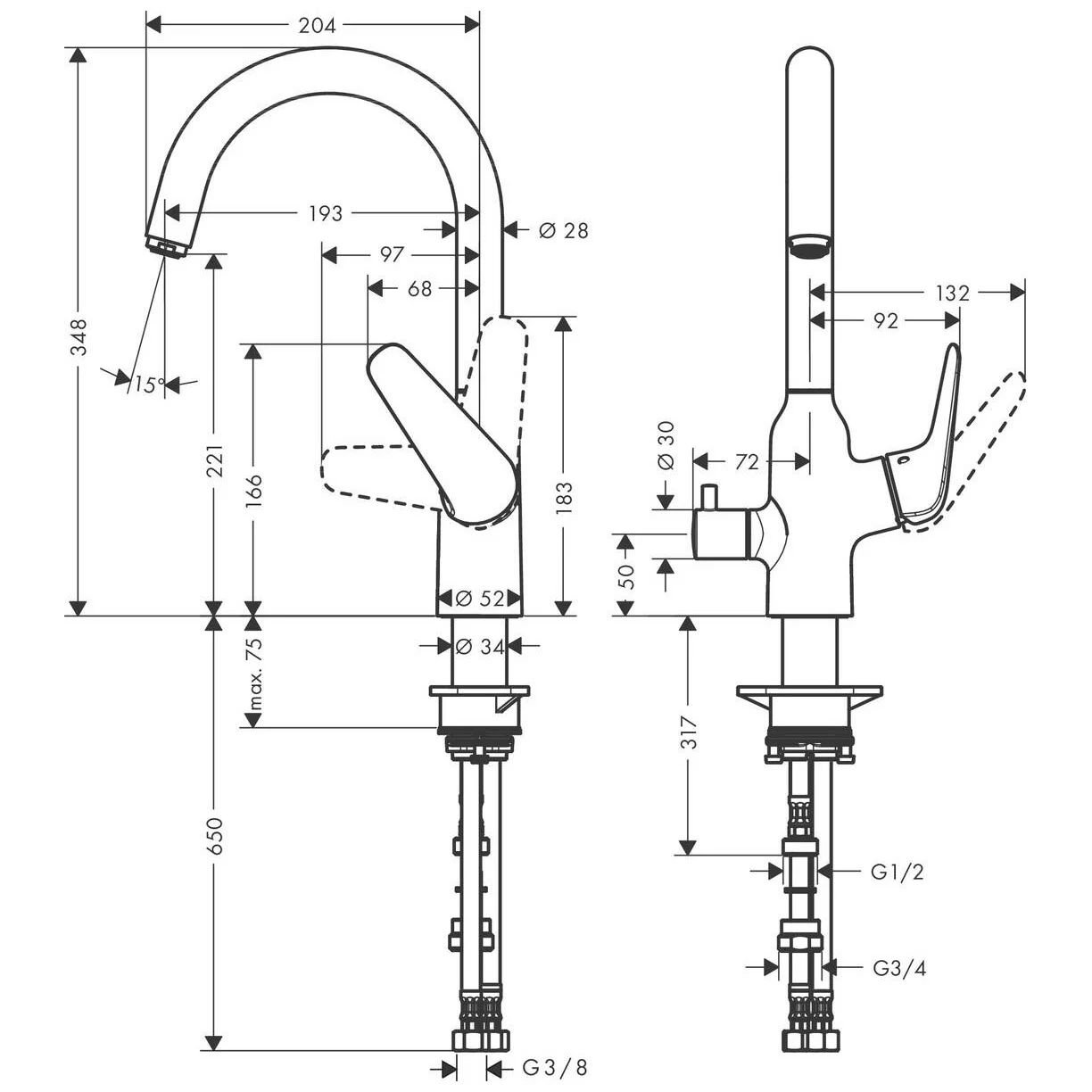 Rysunek techniczny baterii kuchennej, hansgrohe