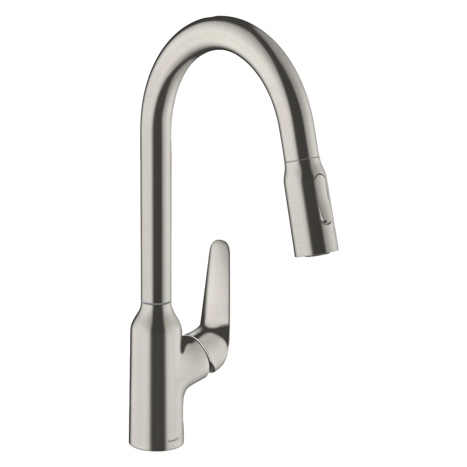 Bateria kuchenna ze stali nierdzewnej z widokiem z boku, hansgrohe