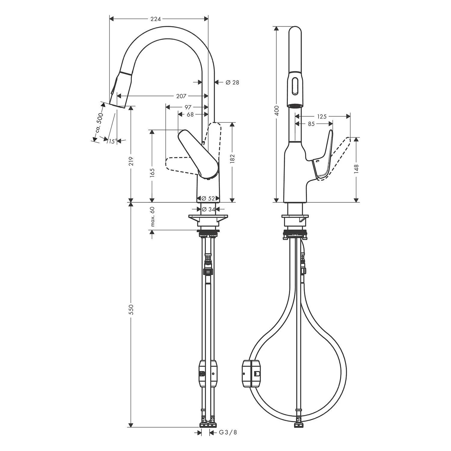 Rysunek techniczny baterii kuchennej z wymiarami, hansgrohe