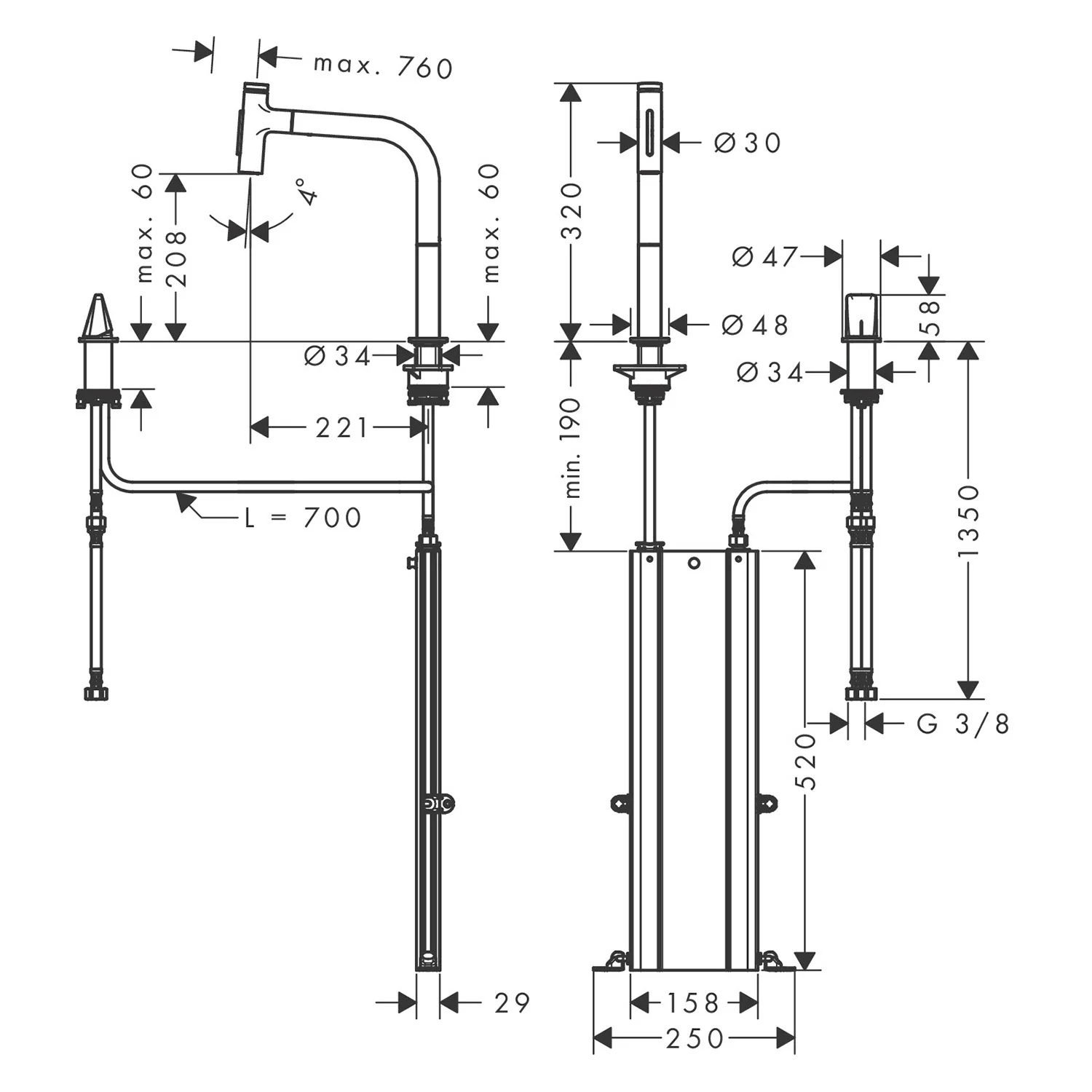 Rysunek techniczny baterii kuchennej z wymiarami, hansgrohe