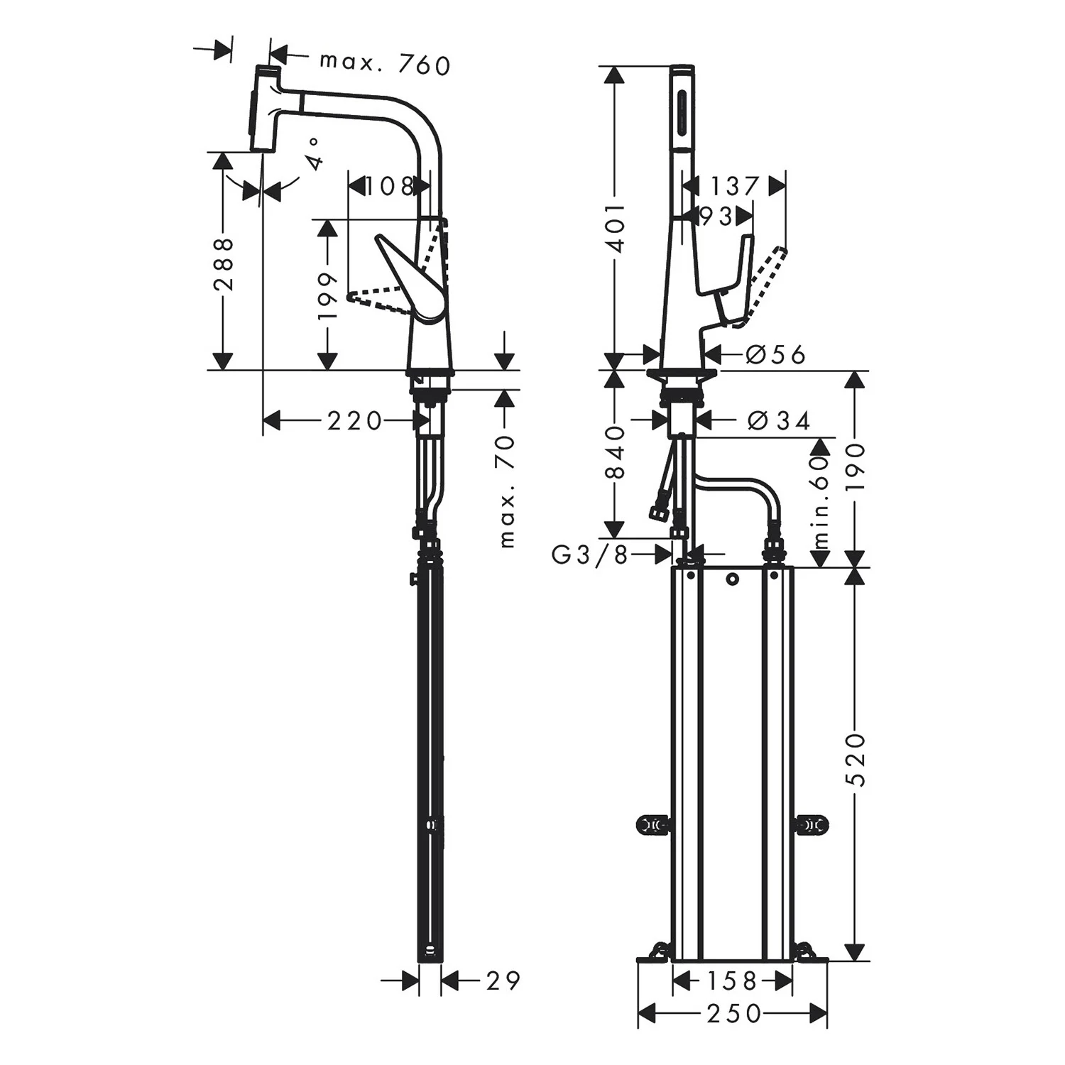 Rysunek techniczny baterii kuchennej z wymiarami, hansgrohe