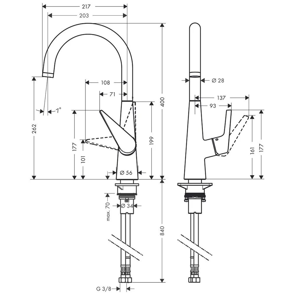 Rysunek techniczny baterii kuchennej z wymiarami, hansgrohe