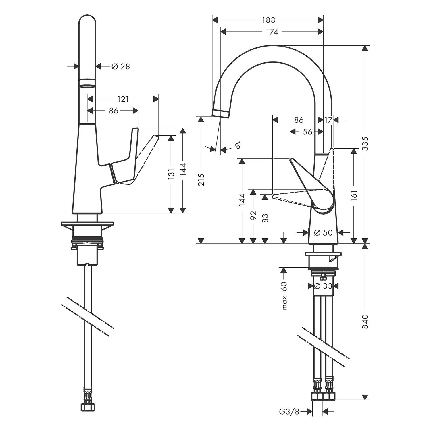 Rysunek techniczny baterii kuchennej z wymiarami, hansgrohe