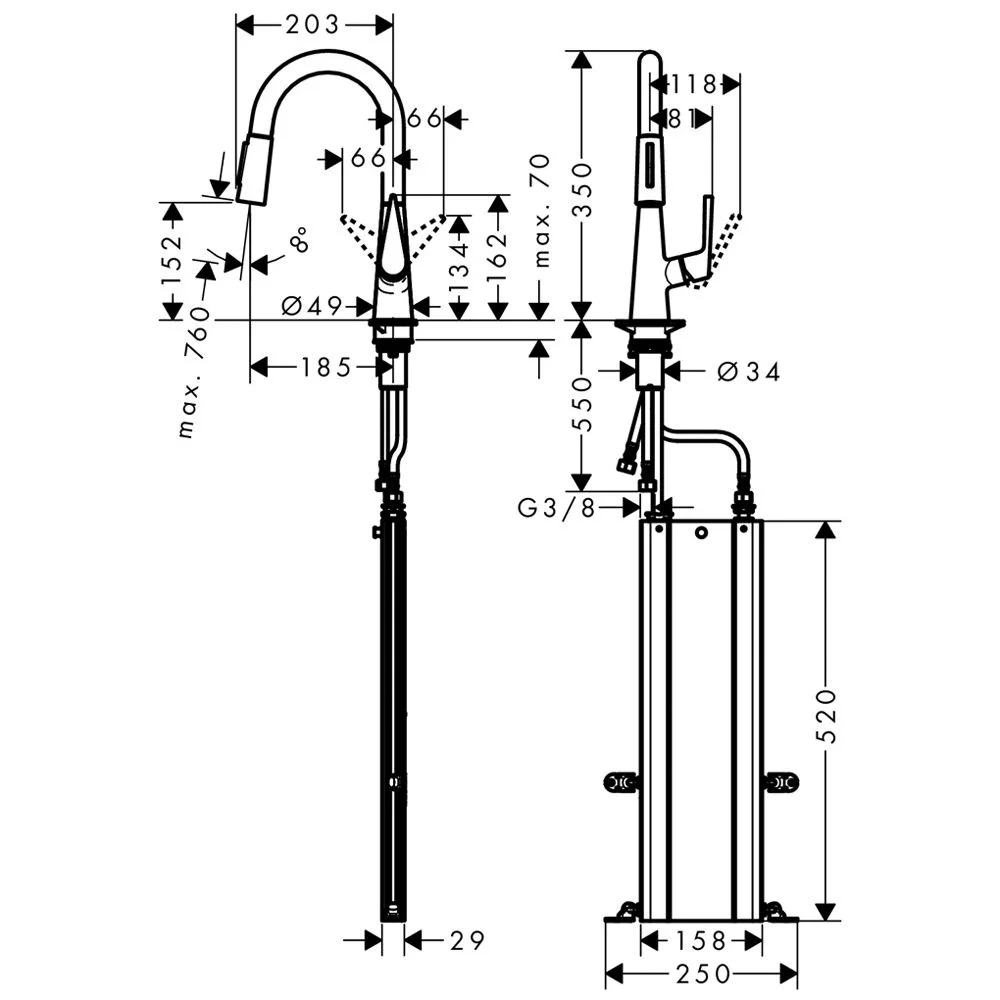 Rysunek techniczny baterii kuchennej z wymiarami, hansgrohe