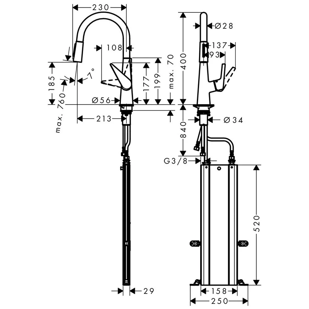 Rysunek techniczny baterii kuchennej z wymiarami, hansgrohe