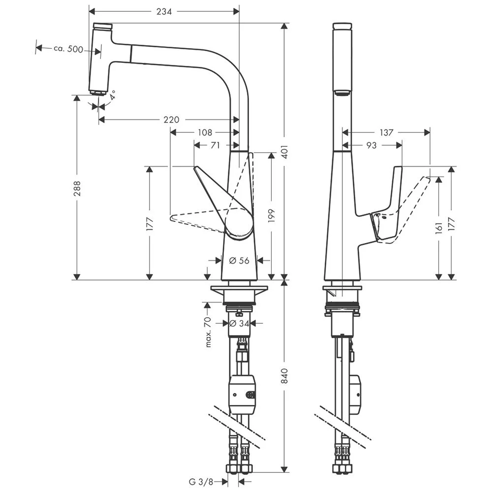 Rysunek techniczny baterii kuchennej z wymiarami, hansgrohe