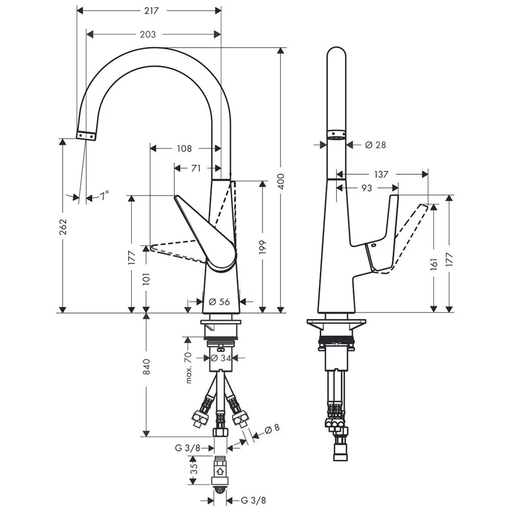 Rysunek techniczny baterii kuchennej z wymiarami, hansgrohe