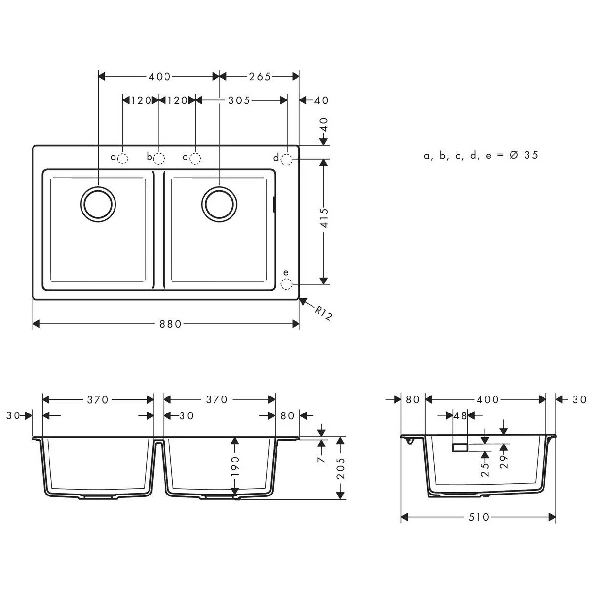 Rysunek techniczny zlewu wpuszczanego z wymiarami, hansgrohe