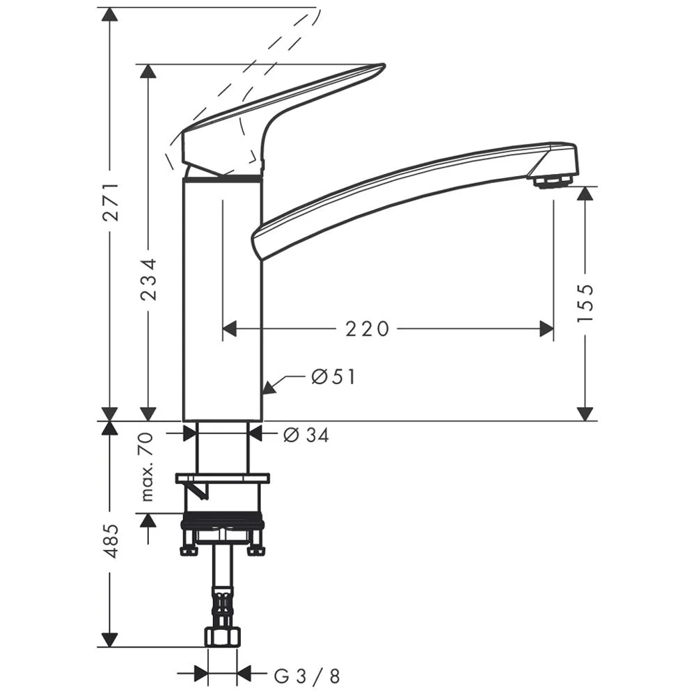 Rysunek techniczny baterii kuchennej z wymiarami, hansgrohe