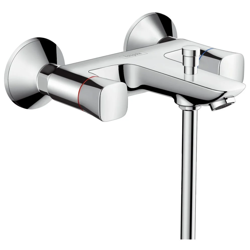 Bateria wannowa dwukranowa widok z boku, chromowane wykończenie, hansgrohe