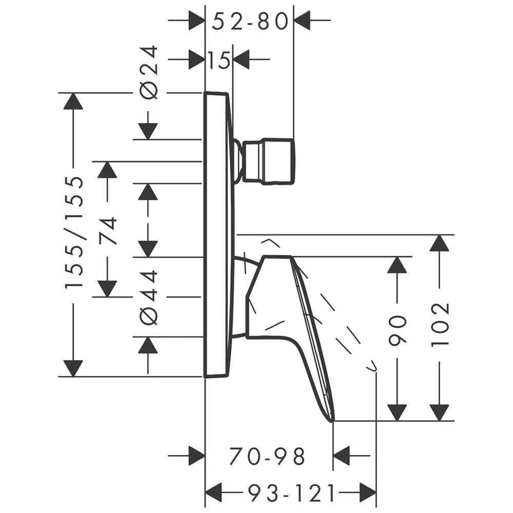 Rysunek techniczny mieszacza wannowego jednouchwytowego, hansgrohe