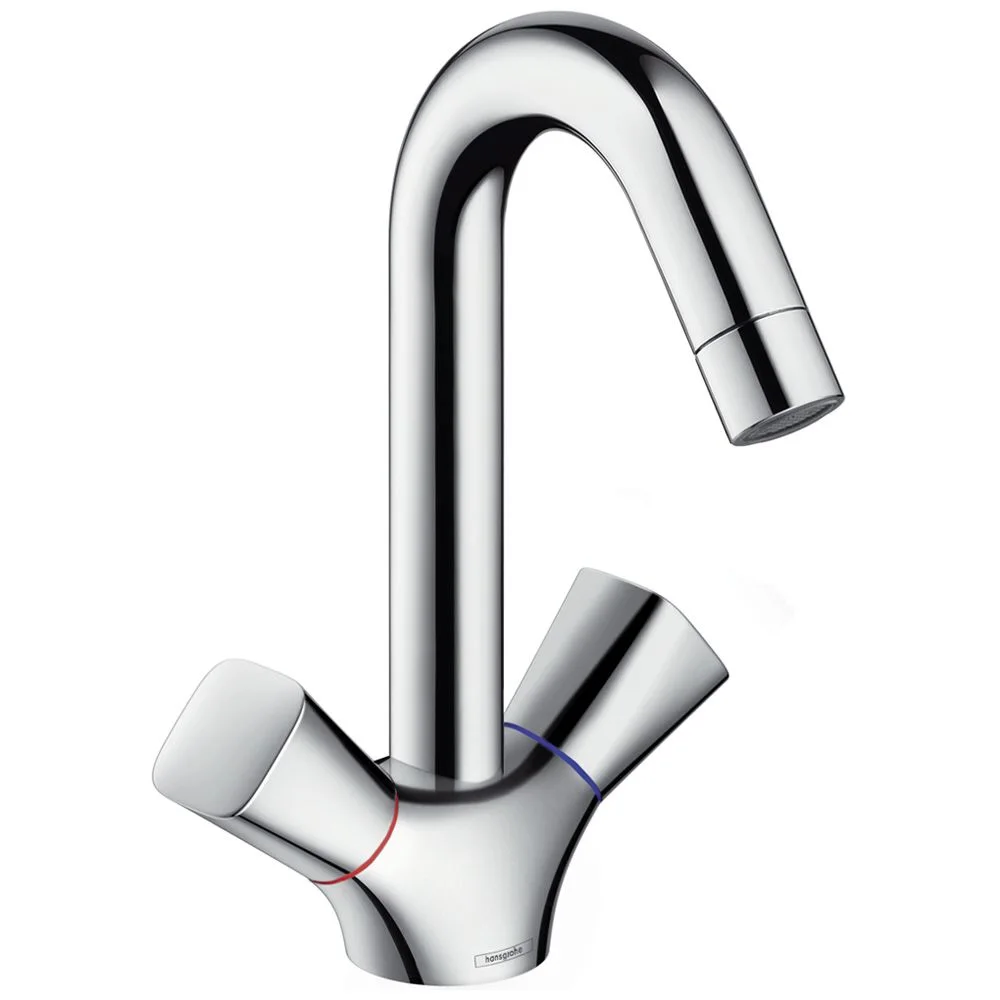 Bateria umywalkowa dwukranowa widok z przodu, chromowane wykończenie, hansgrohe