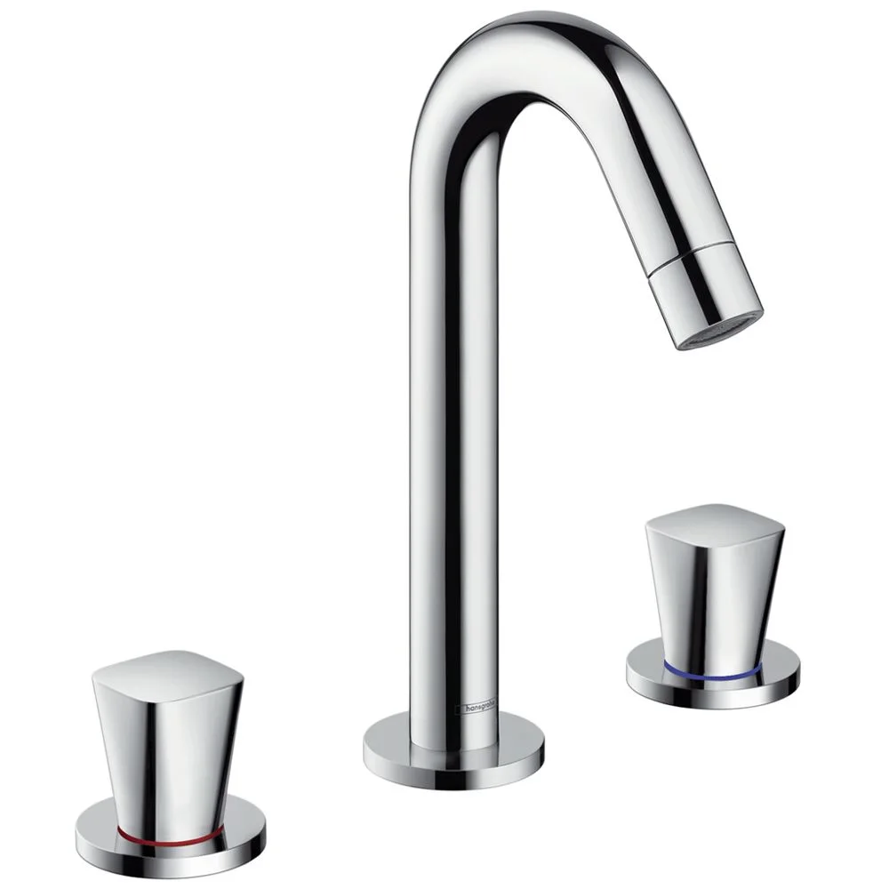 Trójotworowa chromowana bateria umywalkowa widok z boku, hansgrohe