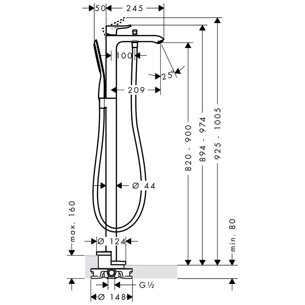 Rysunek techniczny mieszacza wannowego z wymiarami, hansgrohe