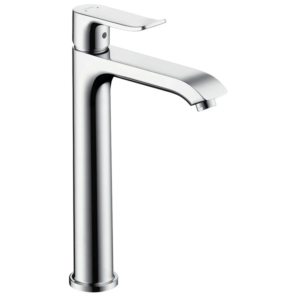 Wysoka chromowana bateria umywalkowa widok z boku, hansgrohe