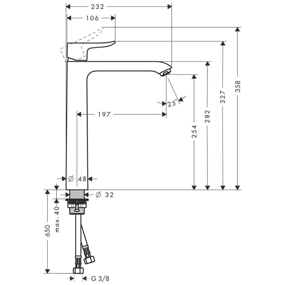 Rysunek techniczny baterii umywalkowej z wymiarami, hansgrohe