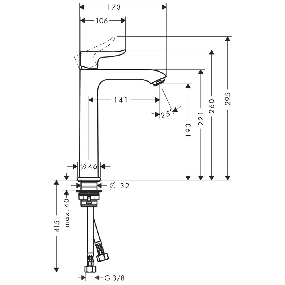 Rysunek techniczny baterii umywalkowej z wymiarami, hansgrohe