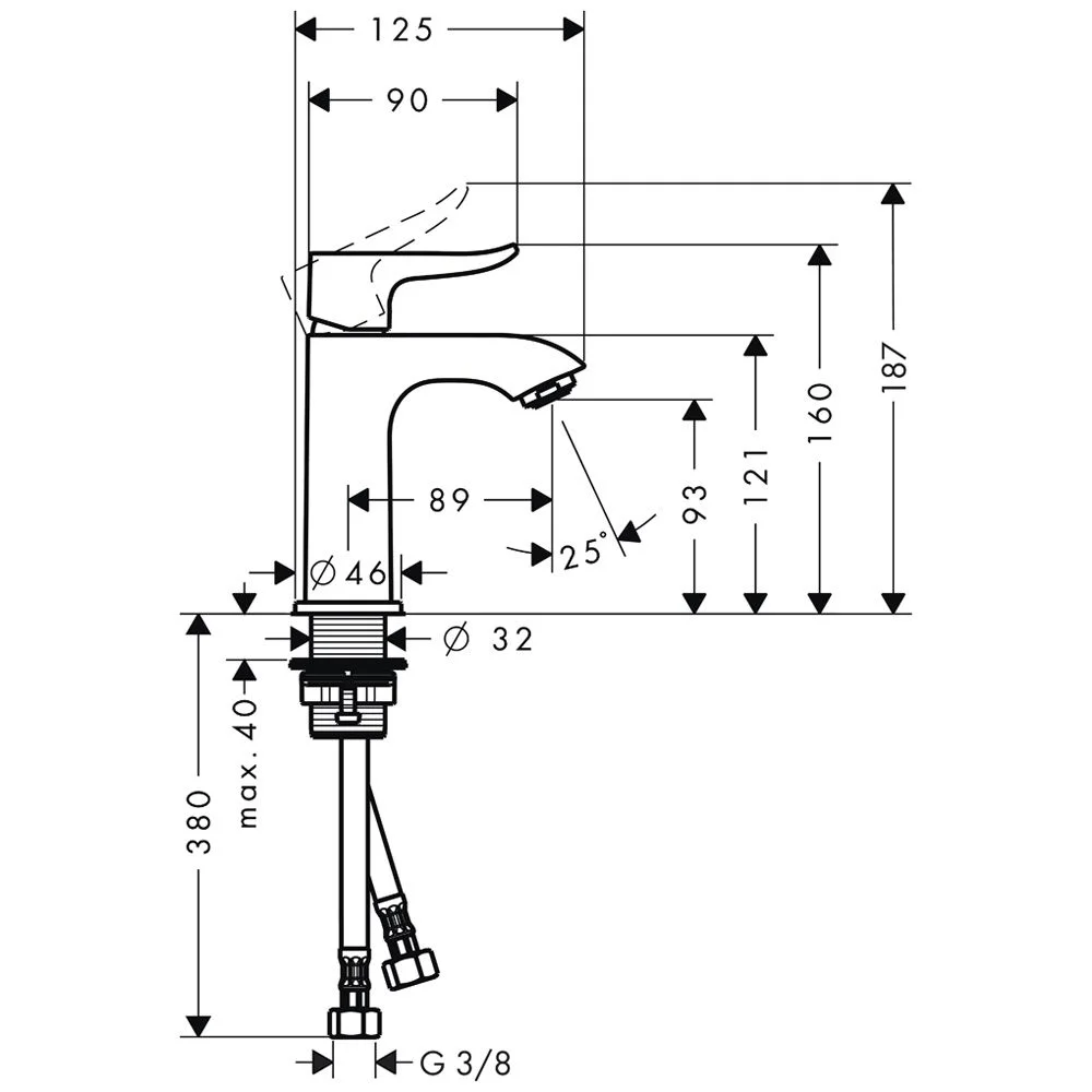 Rysunek techniczny baterii umywalkowej z wymiarami, hansgrohe