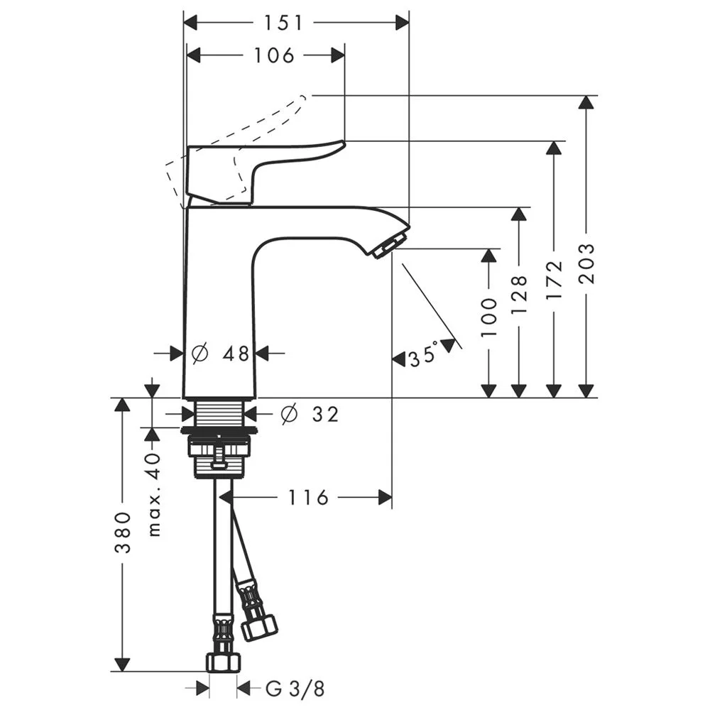Rysunek techniczny baterii umywalkowej z wymiarami, hansgrohe