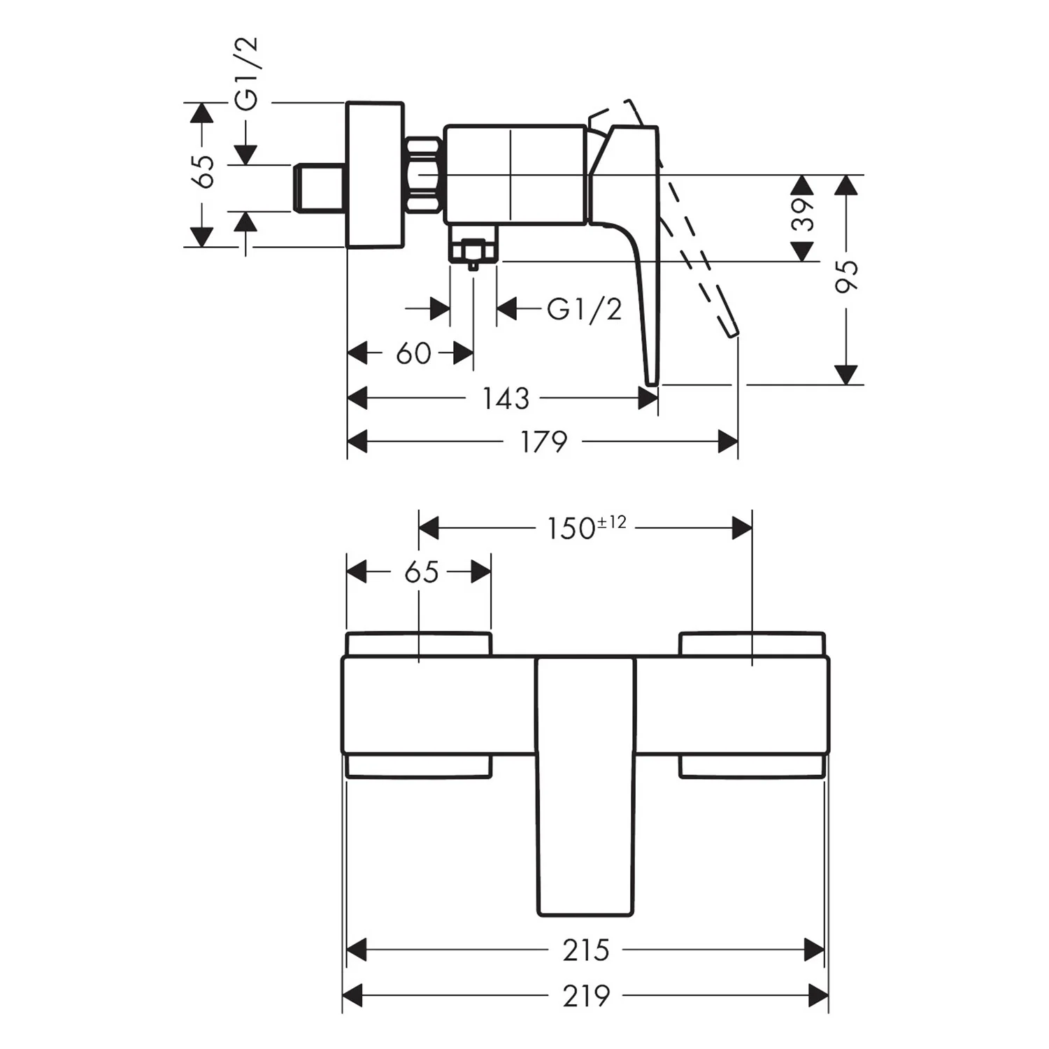 Rysunek techniczny mieszacza prysznicowego z wymiarami, hansgrohe