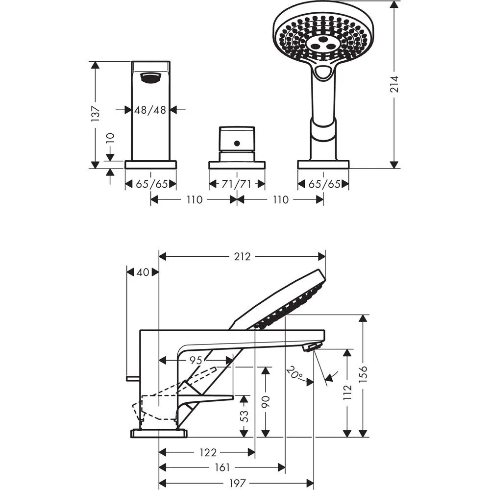 Rysunek techniczny baterii wannowej 3-otworowej z wymiarami, hansgrohe