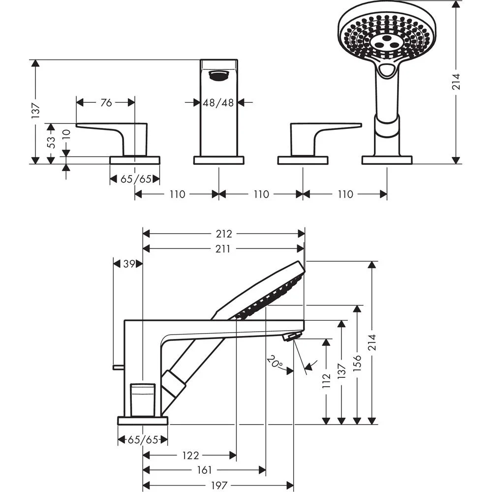 Rysunek techniczny baterii wannowej 4-otworowej z wymiarami, hansgrohe