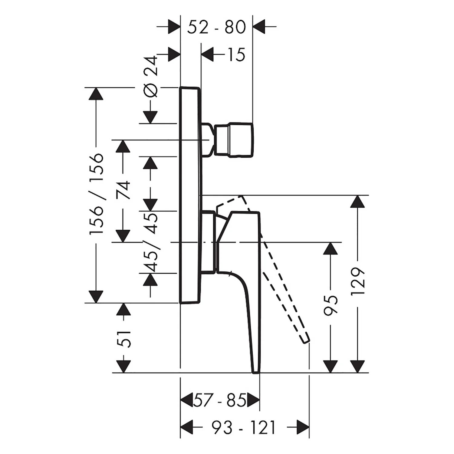 Rysunek techniczny mieszacza wannowego z wymiarami, hansgrohe