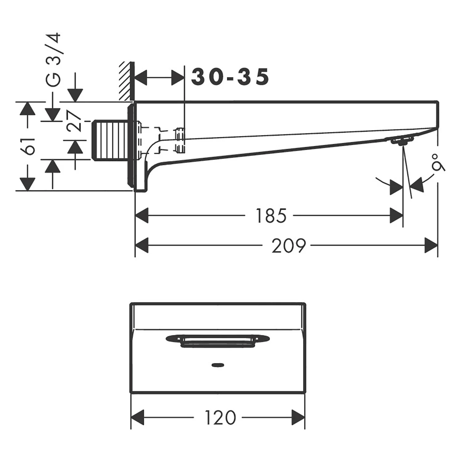 Rysunek techniczny wylewki kaskadowej do wanny, hansgrohe