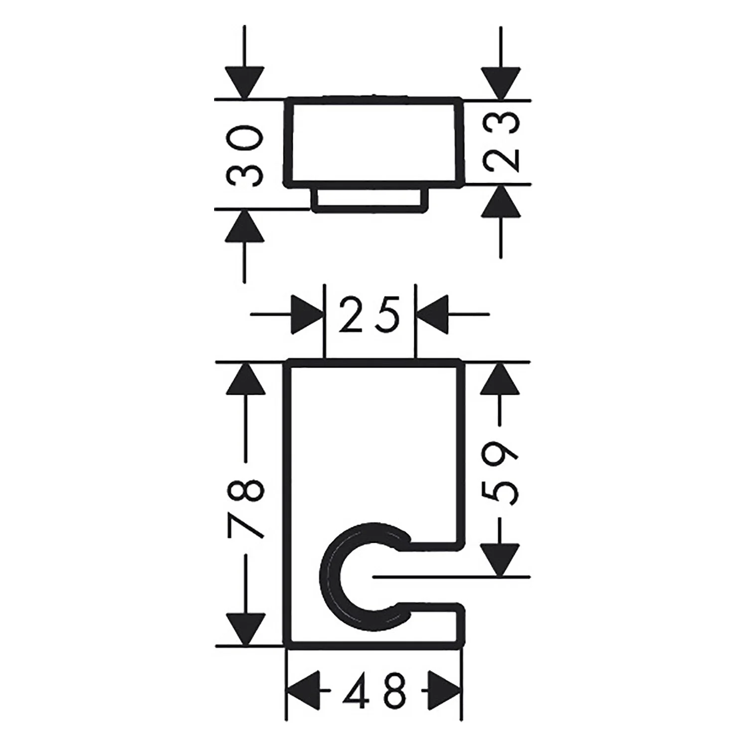 Rysunek techniczny uchwytu prysznicowego z wymiarami, hansgrohe