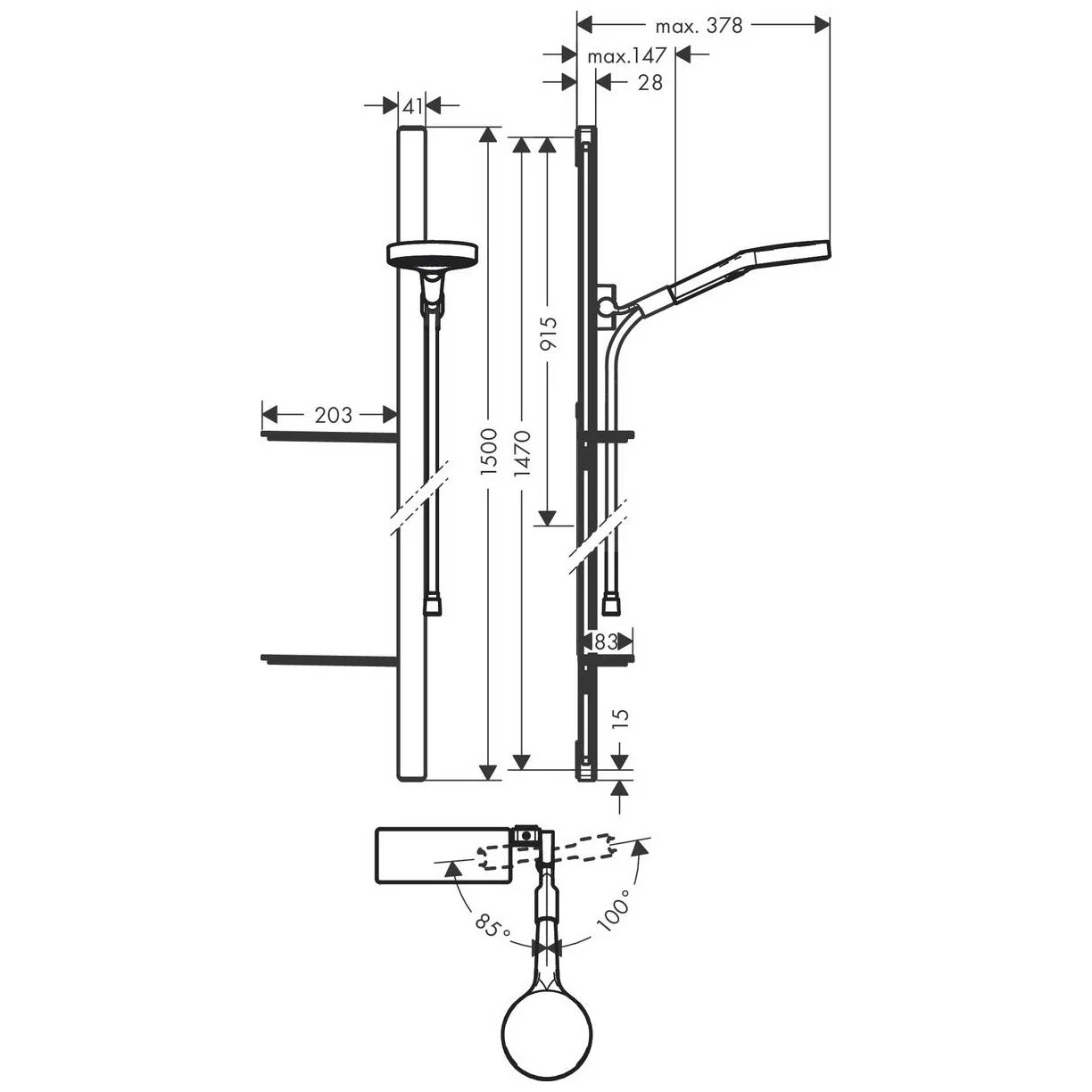 Rysunek techniczny zestawu prysznicowego z wymiarami, hansgrohe