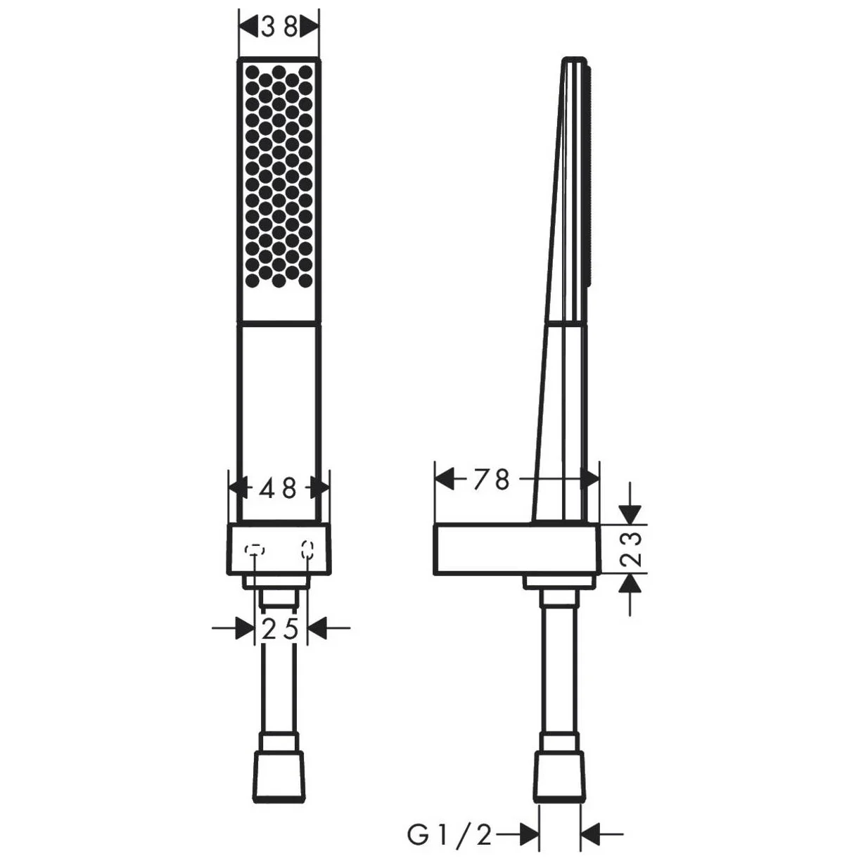 Rysunek techniczny głowicy prysznicowej z wymiarami, hansgrohe