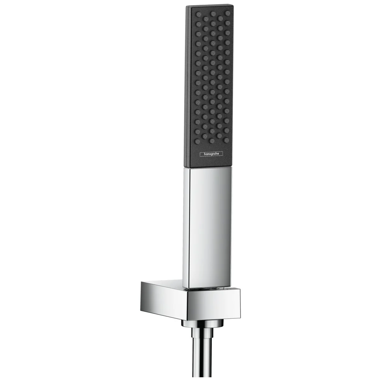 Widok z przodu kwadratowego zestawu uchwytów prysznicowych w chromie, hansgrohe