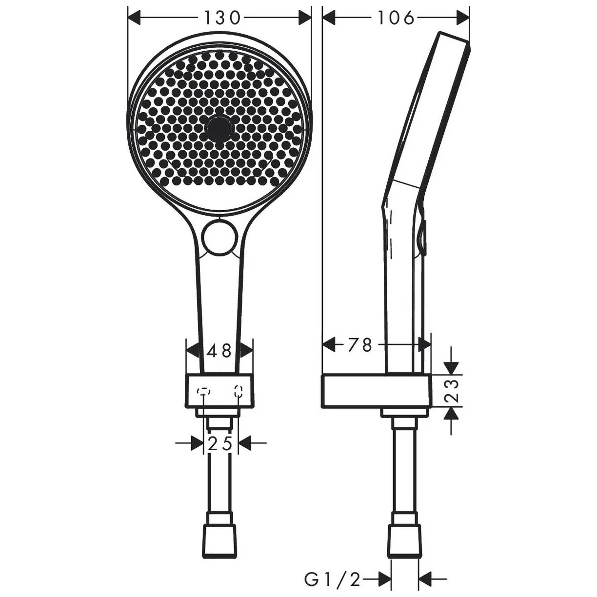 Rysunek techniczny głowicy prysznicowej z wymiarami, hansgrohe