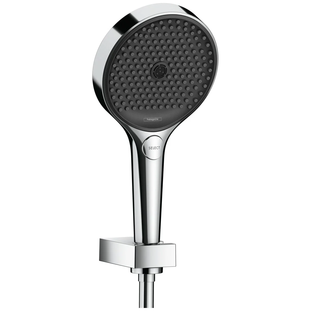 Widok z przodu okrągłego zestawu uchwytów prysznicowych w chromie, hansgrohe