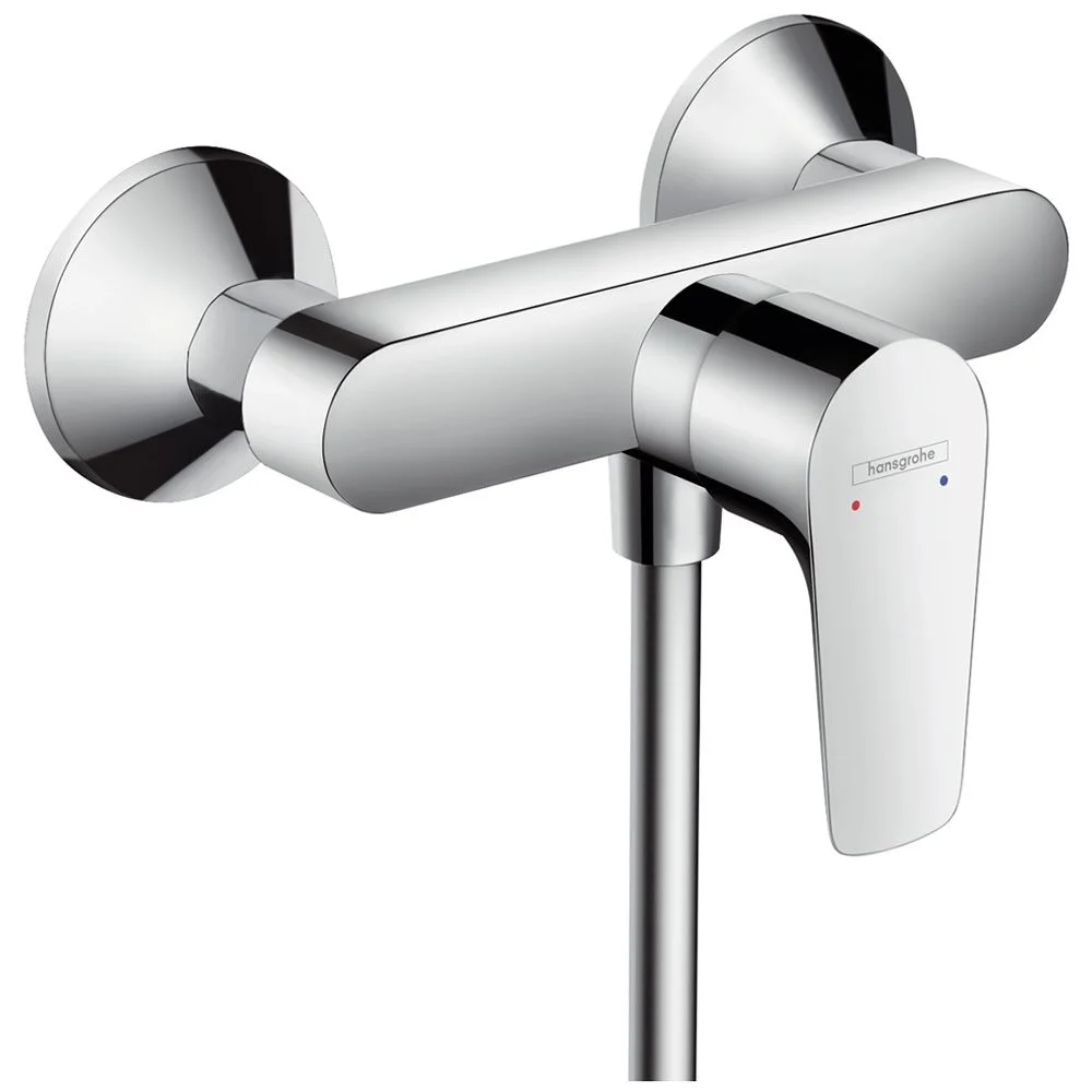 Chromowana bateria prysznicowa widok z boku, hansgrohe