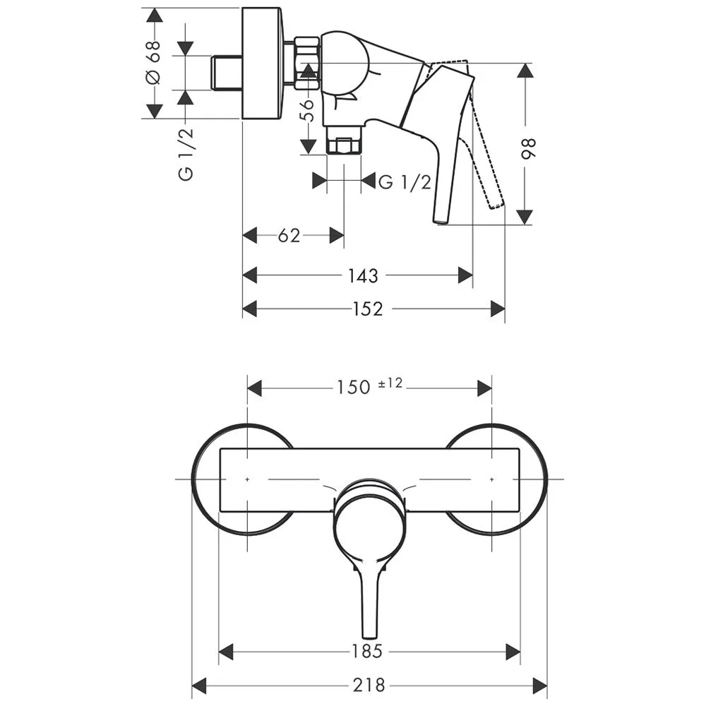 Rysunek techniczny jednouchwytowej baterii prysznicowej z wymiarami, hansgrohe
