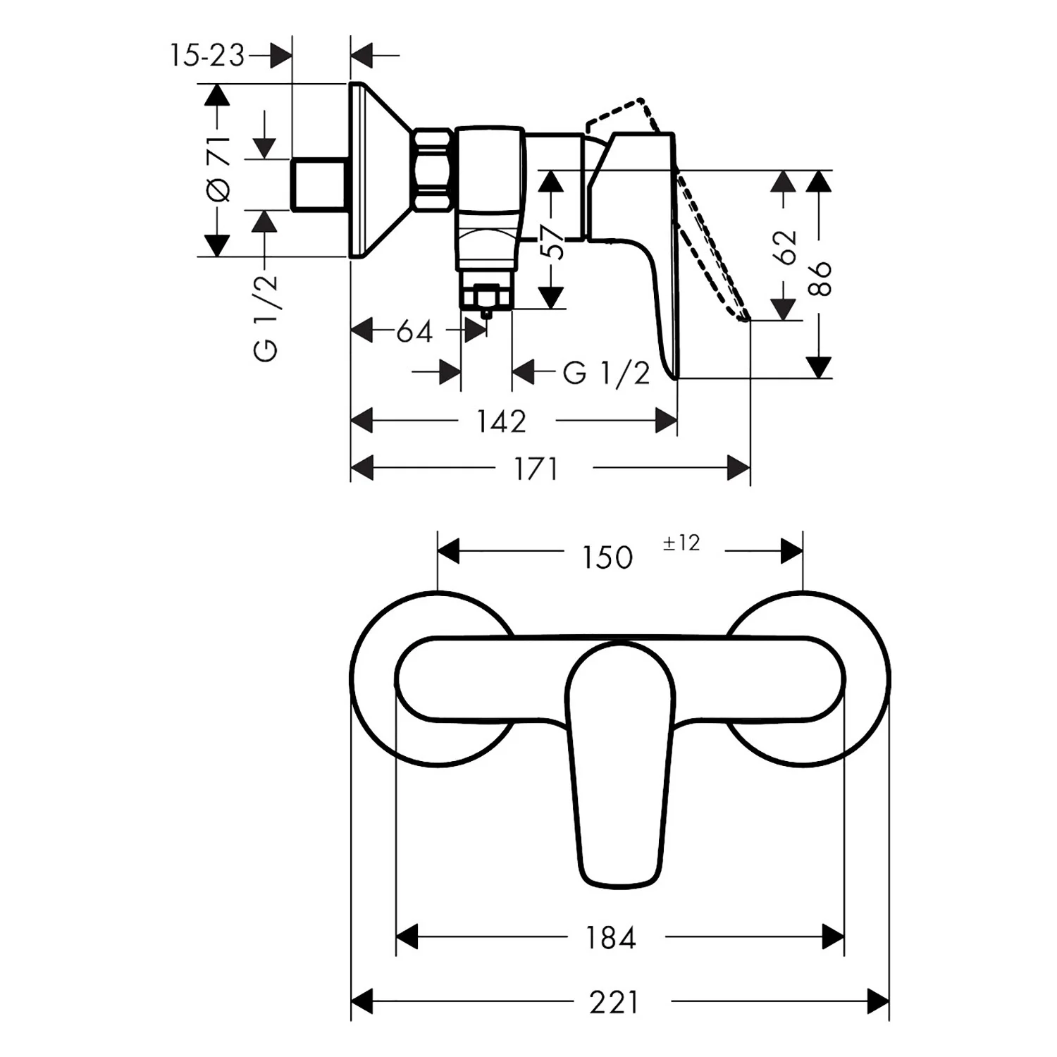 Rysunek techniczny baterii prysznicowej z wymiarami, hansgrohe