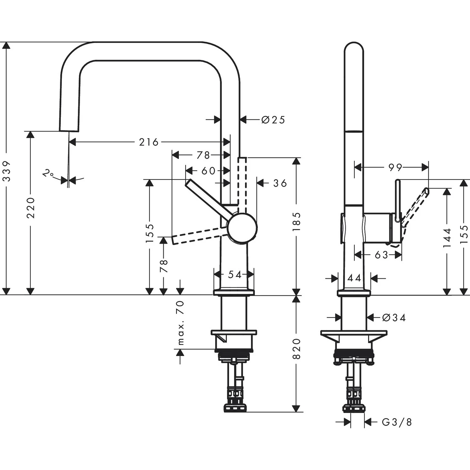 Rysunek techniczny baterii kuchennej z wymiarami, hansgrohe