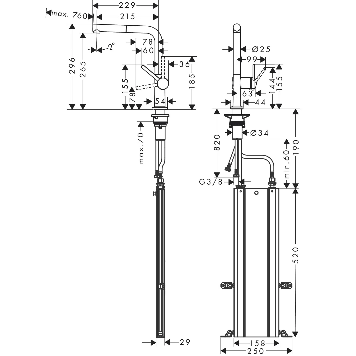 Rysunek techniczny baterii kuchennej z wymiarami, hansgrohe