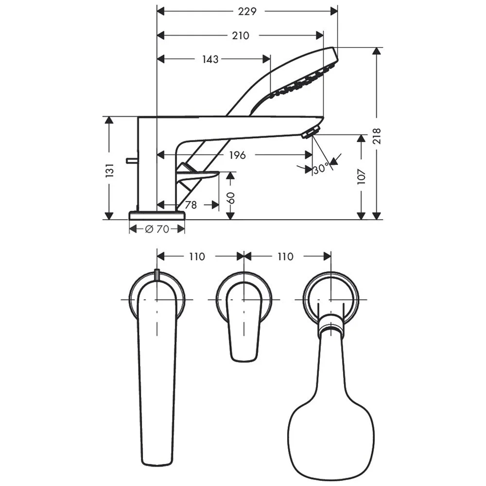 Rysunek techniczny baterii wannowej 3-otworowej z wymiarami, hansgrohe