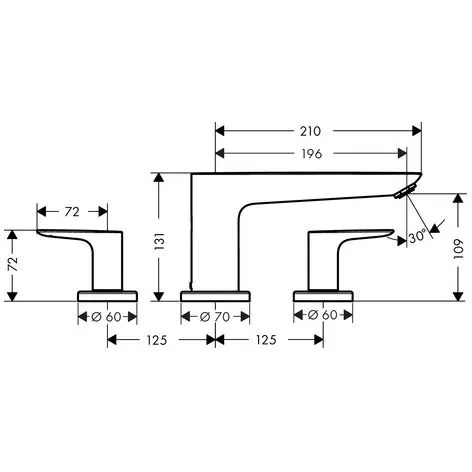 Rysunek techniczny baterii wannowej 3-otworowej z wymiarami, hansgrohe