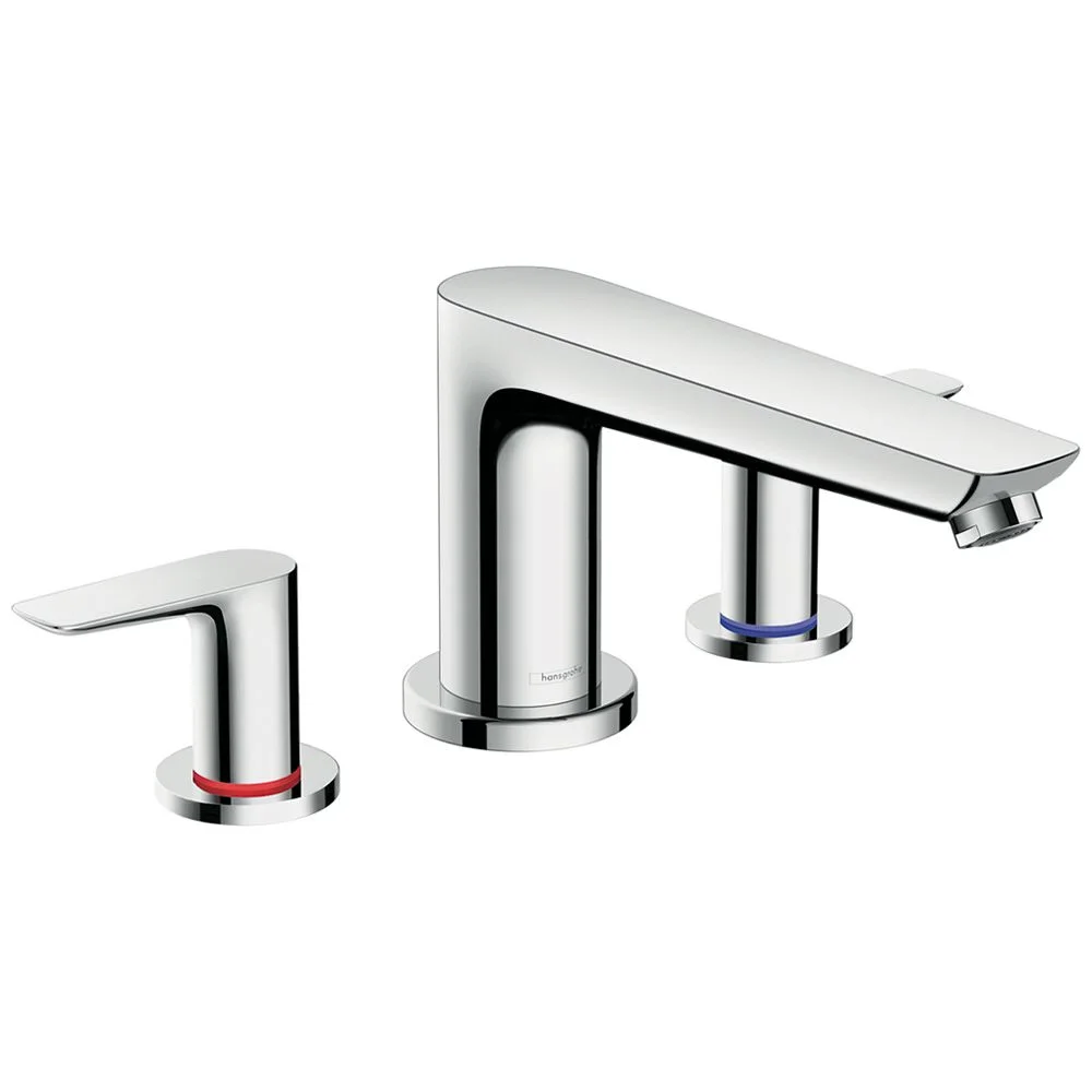 Chromowana bateria wannowa trzyotworowa widok z przodu, hansgrohe