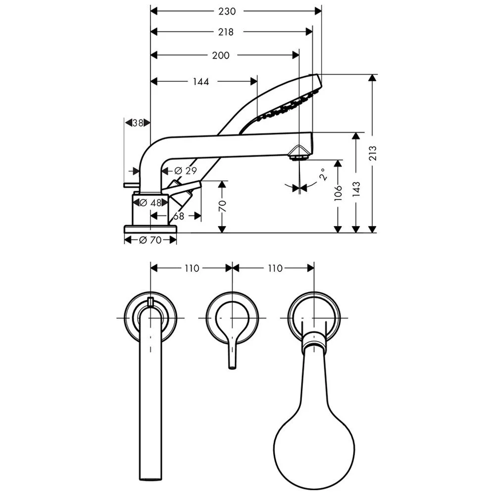 Rysunek techniczny 3-otworowej baterii wannowej z wymiarami, hansgrohe