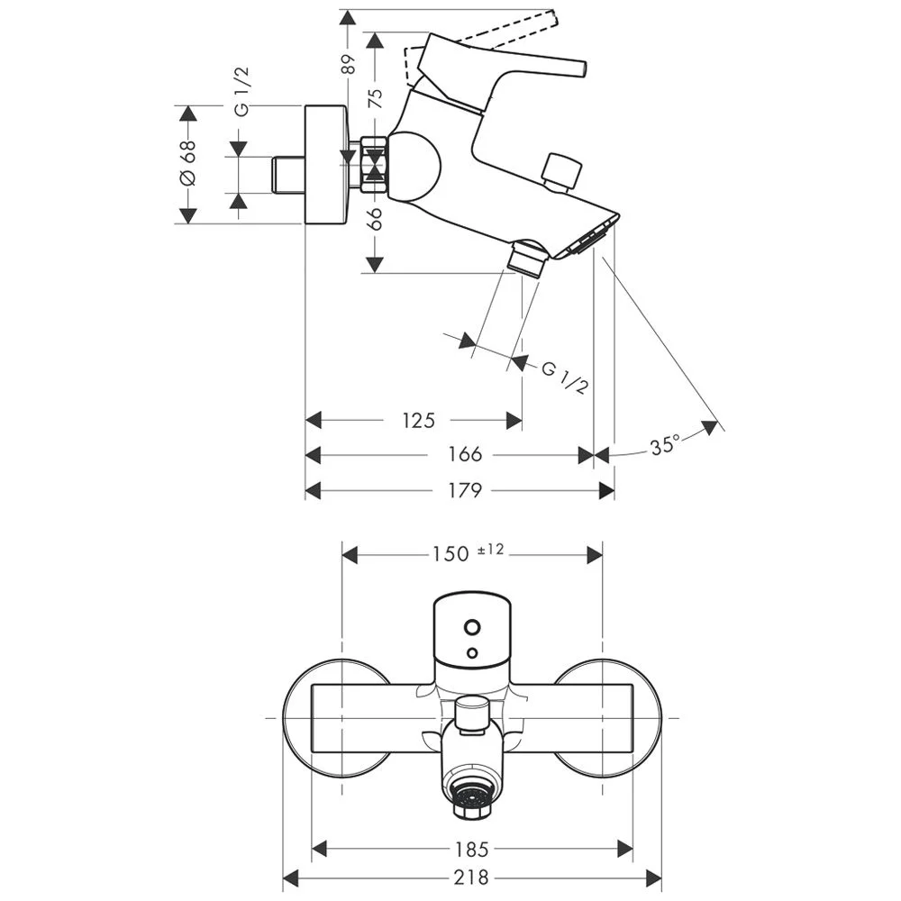 Rysunek techniczny baterii wannowej z wymiarami, hansgrohe