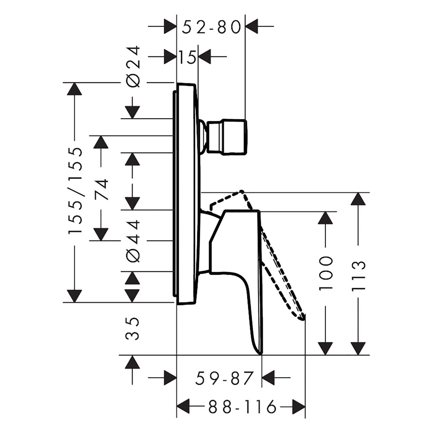 Rysunek techniczny mieszacza wannowego z wymiarami, hansgrohe