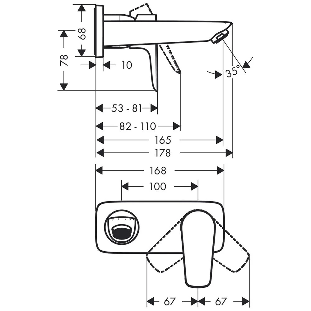 Rysunek techniczny baterii umywalkowej z wymiarami, hansgrohe