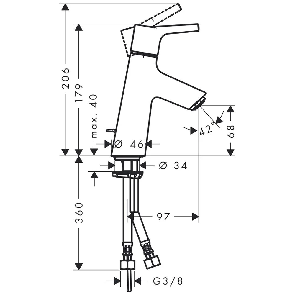 Rysunek techniczny mieszacza jednouchwytowego z wymiarami, hansgrohe