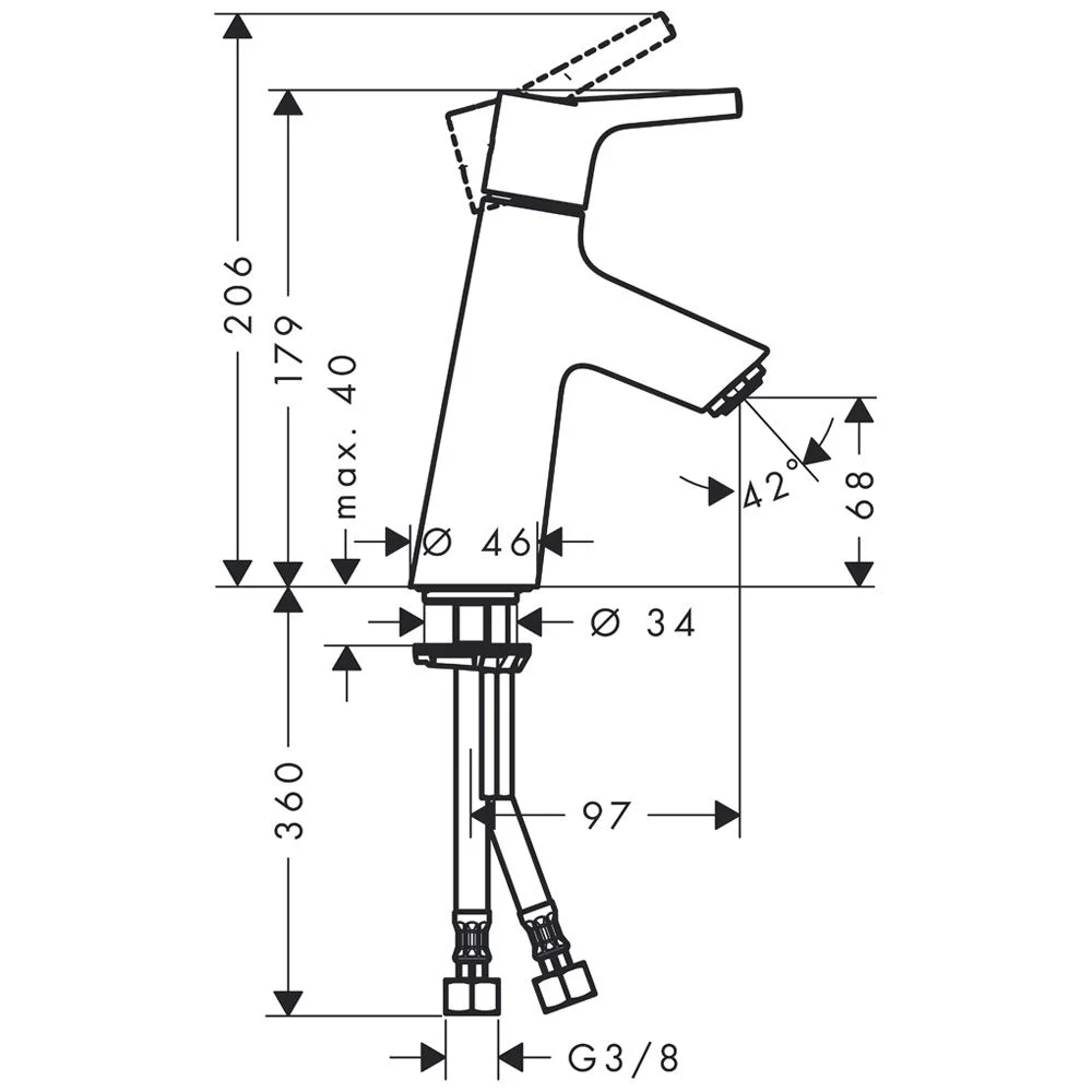 Rysunek techniczny mieszacza jednouchwytowego z wymiarami, hansgrohe