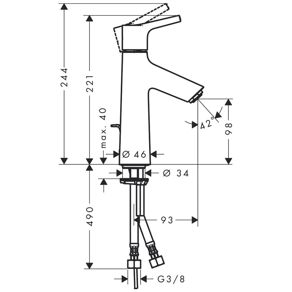 Rysunek techniczny baterii umywalkowej z wymiarami, hansgrohe